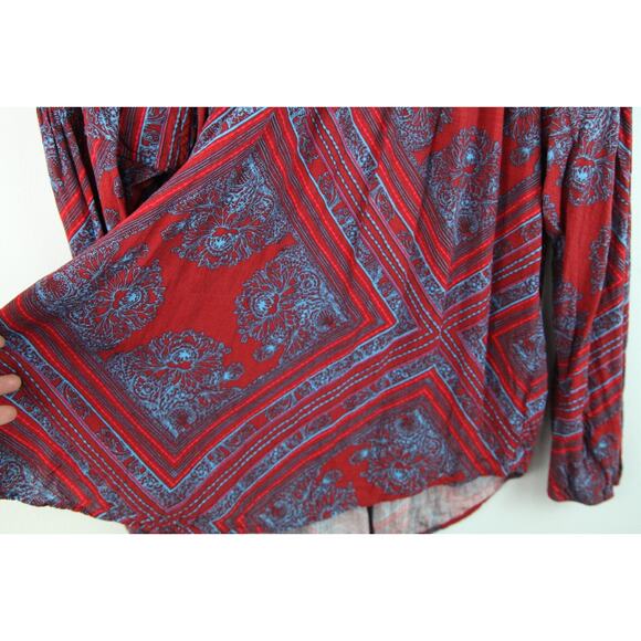 Free People Medium Tunic Top Red Blue Boho Hippy High Neck walking on a Dream - Picture 7 of 11